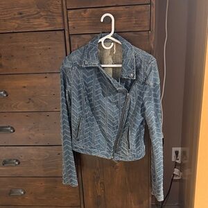 Free People Blue Jean Jacket with Chevron Pattern